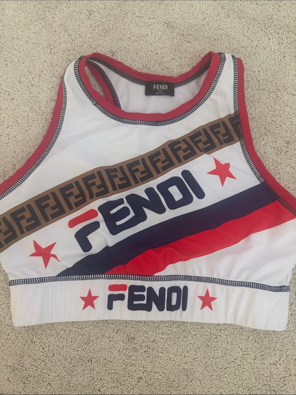 Fendi White Red Navy Logo Cropped Sports Bra